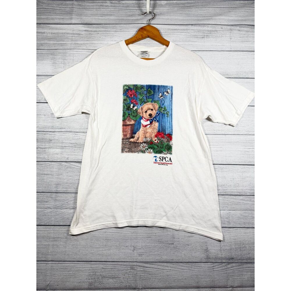 Vintage SPCA International Puppy Patriotic Dog White Cotton T Shirt L 4116